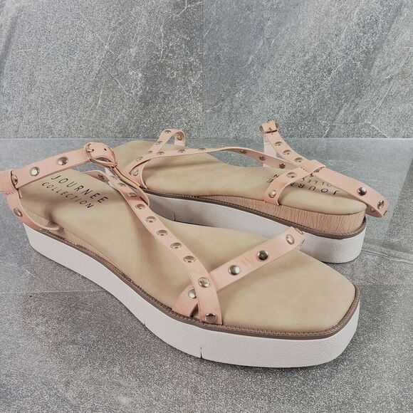 Journee Collection Platform Sandals sz 11 Pink Leather Wedge Cushioned Shoes - Picture 1 of 12